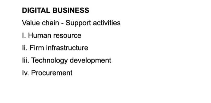 DIGITAL BUSINESS
Value chain - Support activities
I. Human resource
li. Firm infrastructure
lii. Technology development
Iv. Procurement