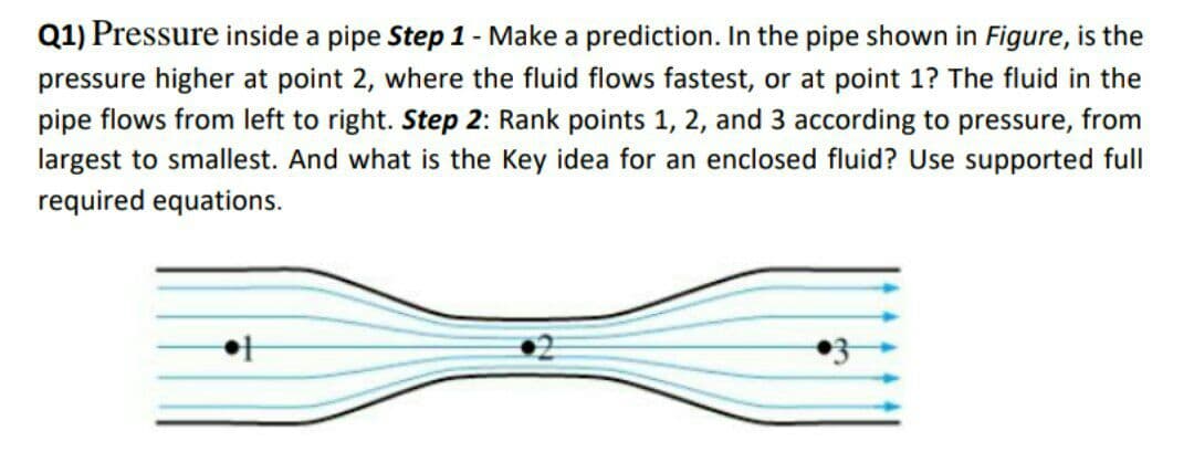 Q1) Pressure inside a pipe Step 1- Make a prediction. In the pipe shown in Figure, is the
pressure higher at point 2, where the fluid flows fastest, or at point 1? The fluid in the
pipe flows from left to right. Step 2: Rank points 1, 2, and 3 according to pressure, from
largest to smallest. And what is the Key idea for an enclosed fluid? Use supported full
required equations.

