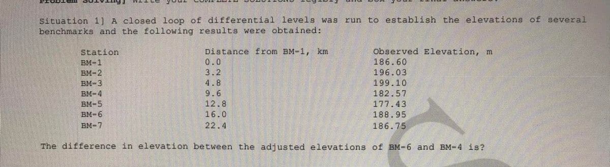 sicuation 1) A cloaed loop of differential levels was
benchmarko and the following results were obtained:
run
to establish the elevations of several
Distance from BM-1, km
0.0
3.2
4.8
9.6
observed Elevation,m
186.60
196.03
199.10
182.57
177.43
188.95
186.75
Station
BM-1
BM-2
EM-3
BM-4
BM-5
16.0
22.4
BM-6
BM-7
The difference in elevation between the adjusted elevations of BM-6 and BM-4 is?
