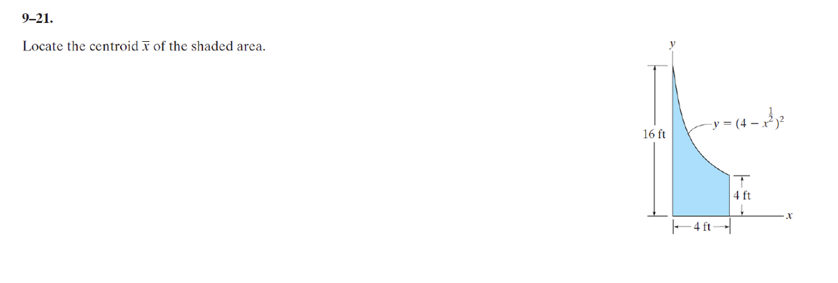 9-21.
Locate the centroid x of the shaded area.
-y = (4 – x)?
16 ft
4 ft
4 ft
