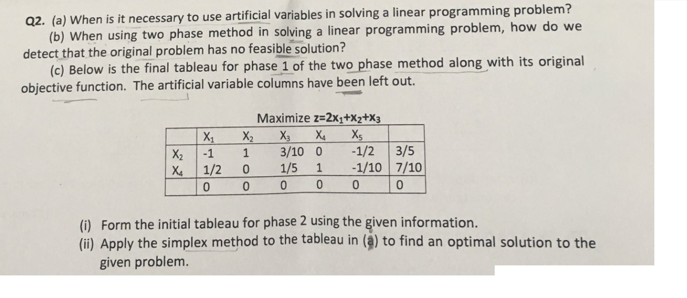 (a) When is it necessary to use artificial variables in solving a linear programming
