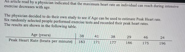 An article read by a physician indicated that the maximum heart rate an individual can reach during intensive
exercise decreases with age.
The physician decided to do their own study to see if Age can be used to estimate Peak Heart rate.
Six randomly selected people performed exercise tests and recorded their peak heart rates.
The results are shown in the following table.
Age (years)
Peak Heart Rate (beats per minute)
38
41
38
29
46
24
183
171
177
186
175
196
