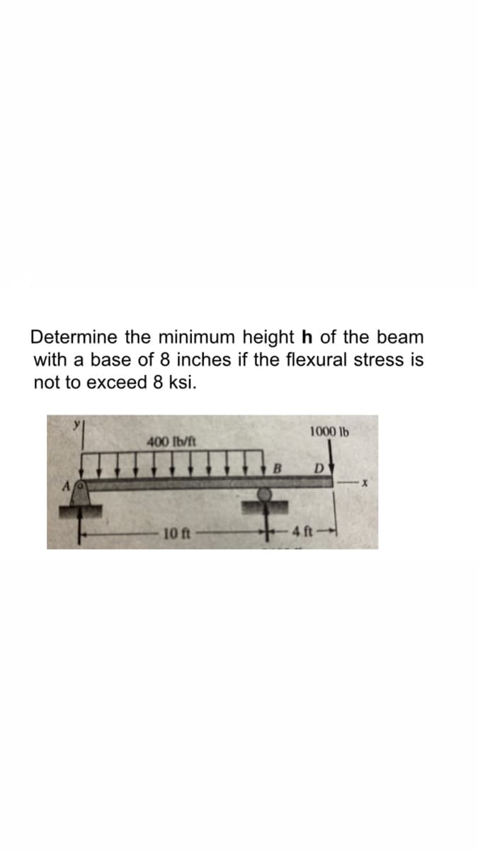 Determine the minimum height h of the beam
with a base of 8 inches if the flexural stress is
not to exceed 8 ksi.
400 lb/ft
10 ft
1000 lb
D
4 ft-