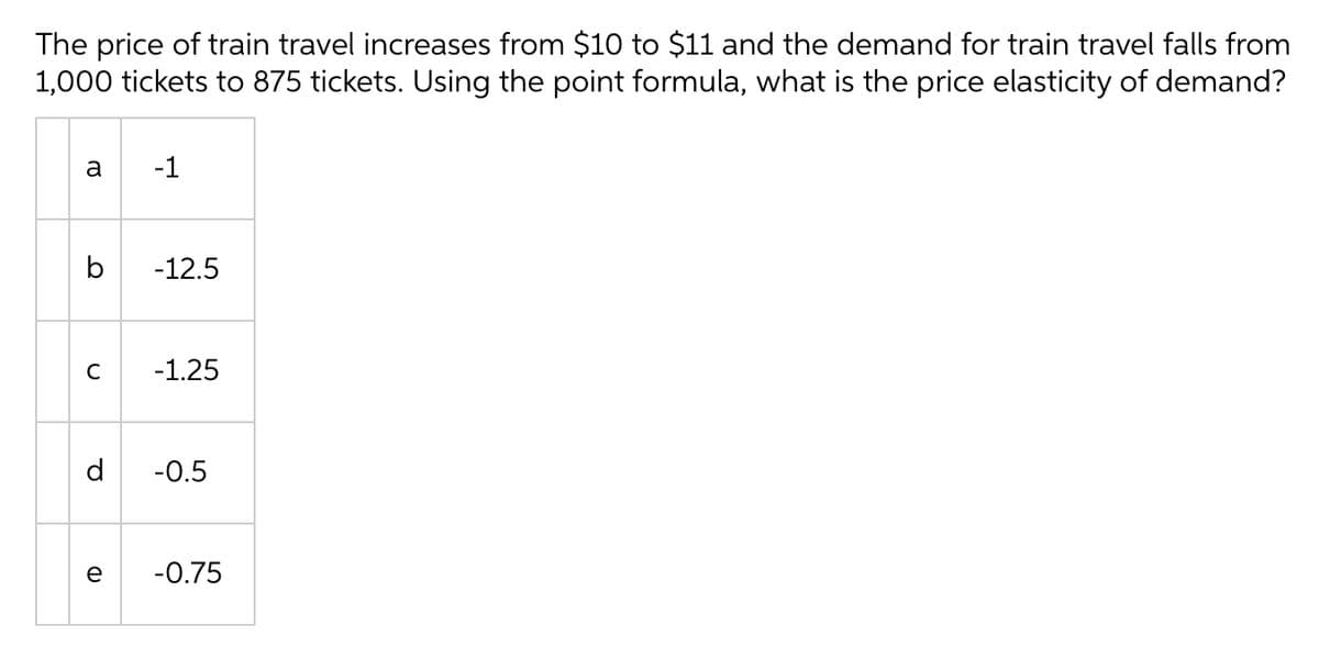 The price of train travel increases from $10 to $11 and the demand for train travel falls from
1,000 tickets to 875 tickets. Using the point formula, what is the price elasticity of demand?
a
-1
b
-12.5
C
-1.25
d
-0.5
e
-0.75
