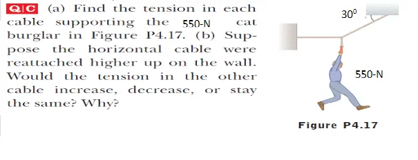 cat
QC (a) Find the tension in each
cable supporting the 550-N
burglar in Figure P4.17. (b) Sup-
pose the horizontal cable were
reattached higher up on the wall.
Would the tension in the other
cable increase, decrease, or stay
the same? Why?
30⁰
550-N
Figure P4.17