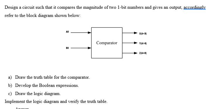 Design a circuit such that it compares the magnitude of two 1-bit numbers and gives an output, accordingly
refer to the block diagram shown below:
AO
XA<B)
Comparator
Y(A>B)
B0
Z(A=B)
a) Draw the truth table for the comparator.
b) Develop the Boolean expressions.
c) Draw the logic diagram.
Implement the logic diagram and verify the truth table.
