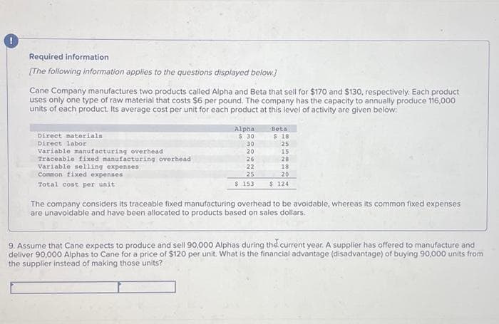 Required information
[The following information applies to the questions displayed below.]
Cane Company manufactures two products called Alpha and Beta that sell for $170 and $130, respectively. Each product
uses only one type of raw material that costs $6 per pound. The company has the capacity to annually produce 116,000
units of each product. Its average cost per unit for each product at this level of activity are given below:
Direct materialn
Direct labor
Variable manufacturing overhead
Traceable fixed manufacturing overhead
Variable selling expenses
Common fixed expenses
Total cost per unit
Alpha
$ 30
30
20
Beta
$18
25
15
26
28
22
18
25
20
$ 153 $ 124
The company considers its traceable fixed manufacturing overhead to be avoidable, whereas its common fixed expenses
are unavoidable and have been allocated to products based on sales dollars.
9. Assume that Cane expects to produce and sell 90,000 Alphas during the current year. A supplier has offered to manufacture and
deliver 90,000 Alphas to Cane for a price of $120 per unit. What is the financial advantage (disadvantage) of buying 90,000 units from
the supplier instead of making those units?