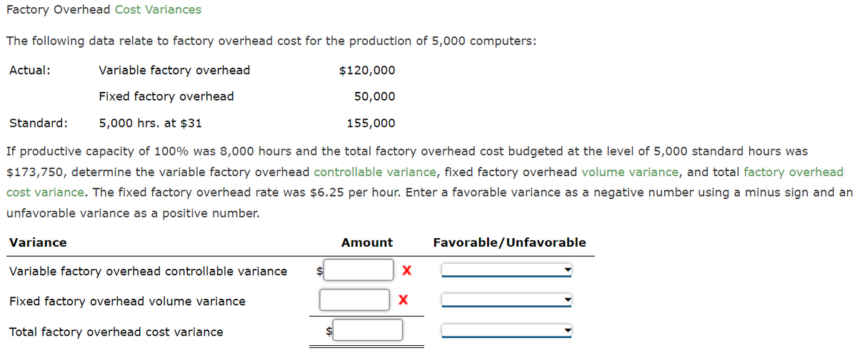 Factory Overhead Cost Variances
The following data relate to factory overhead cost for the production of 5,000 computers:
Variable factory overhead
Fixed factory overhead
5,000 hrs. at $31
If productive capacity of 100% was 8,000 hours and the total factory overhead cost budgeted at the level of 5,000 standard hours was
$173,750, determine the variable factory overhead controllable variance, fixed factory overhead volume variance, and total factory overhead
cost variance. The fixed factory overhead rate was $6.25 per hour. Enter a favorable variance as a negative number using a minus sign and an
unfavorable variance as a positive number.
Actual:
Standard:
Variance
Variable factory overhead controllable variance
Fixed factory overhead volume varianc
Total factory overhead cost variance
$120,000
50,000
155,000
Amount
X
X
Favorable/Unfavorable