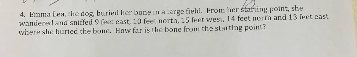 4. Emma Lea, the dog, buried her bone in a large field. From her starting point, she
wandered and sniffed 9 feet east, 10 feet north, 15 feet west, 14 feet north and 13 feet east
where she buried the bone. How far is the bone from the starting point?
