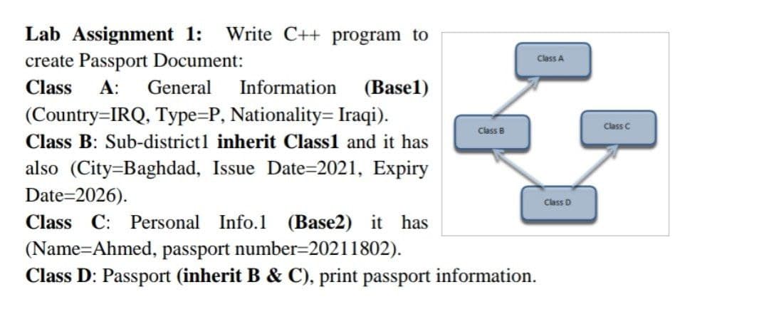 Lab Assignment 1: Write C++ program to
create Passport Document:
(Basel)
Class A: General Information
(Country=IRQ, Type=P, Nationality= Iraqi).
Class B: Sub-district1 inherit Class1 and it has
also (City-Baghdad, Issue Date=2021, Expiry
Date=2026).
Class D
Class C: Personal Info.1 (Base2) it has
(Name=Ahmed, passport number=20211802).
Class D: Passport (inherit B & C), print passport information.
Class B
Class A
Class C