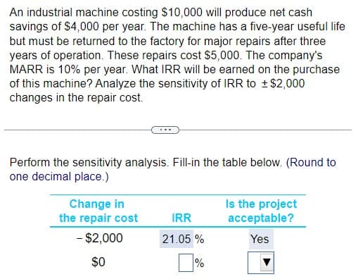 An industrial machine costing $10,000 will produce net cash
savings of $4,000 per year. The machine has a five-year useful life
but must be returned to the factory for major repairs after three
years of operation. These repairs cost $5,000. The company's
MARR is 10% per year. What IRR will be earned on the purchase
of this machine? Analyze the sensitivity of IRR to $2,000
changes in the repair cost.
Perform the sensitivity analysis. Fill-in the table below. (Round to
one decimal place.)
Change in
the repair cost
- $2,000
$0
IRR
21.05%
%
Is the project
acceptable?
Yes