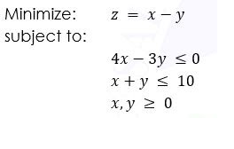 Minimize:
z = x- y
subject to:
4х — Зу <0
x + y < 10
х, у 2 0
