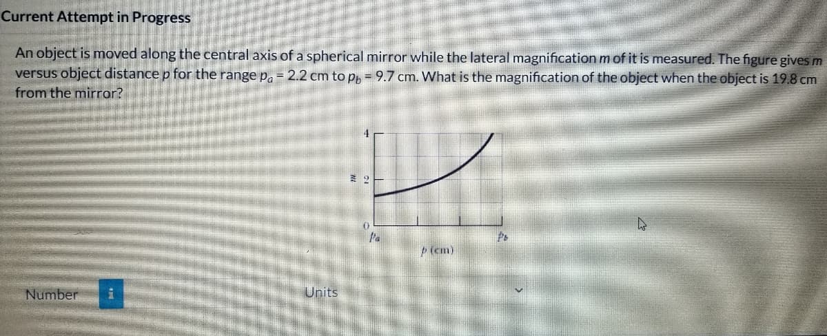 Current Attempt in Progress
An object is moved along the central axis of a spherical mirror while the lateral magnification m of it is measured. The figure gives m
versus object distance p for the range pa = 2.2 cm to pp = 9.7 cm. What is the magnification of the object when the object is 19.8 cm
from the mirror?
p (cm)
Number
Units
