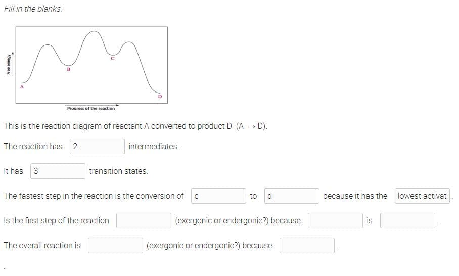 Fill in the blanks:
Progress of the reaction
This is the reaction diagram of reactant A converted to product D (A → D).
The reaction has 2
intermediates.
It has 3
transition states.
The fastest step in the reaction is the conversion of c
to
d
because it has the lowest activat
Is the first step of the reaction
(exergonic or endergonic?) because
is
The overall reaction is
(exergonic or endergonic?) because
Free energy
