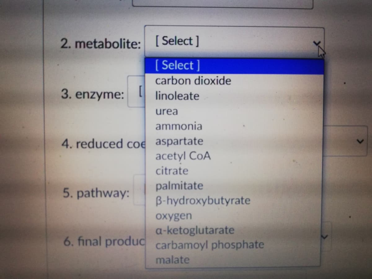 2. metabolite: [Select ]
[ Select ]
carbon dioxide
3. enzyme:
linoleate
urea
ammonia
4. reduced coe aspartate
acetyl CoA
citrate
palmitate
B-hydroxybutyrate
5. pathway:
охygen
a-ketoglutarate
6. final produc carbamoyl phosphate
malate
<>
