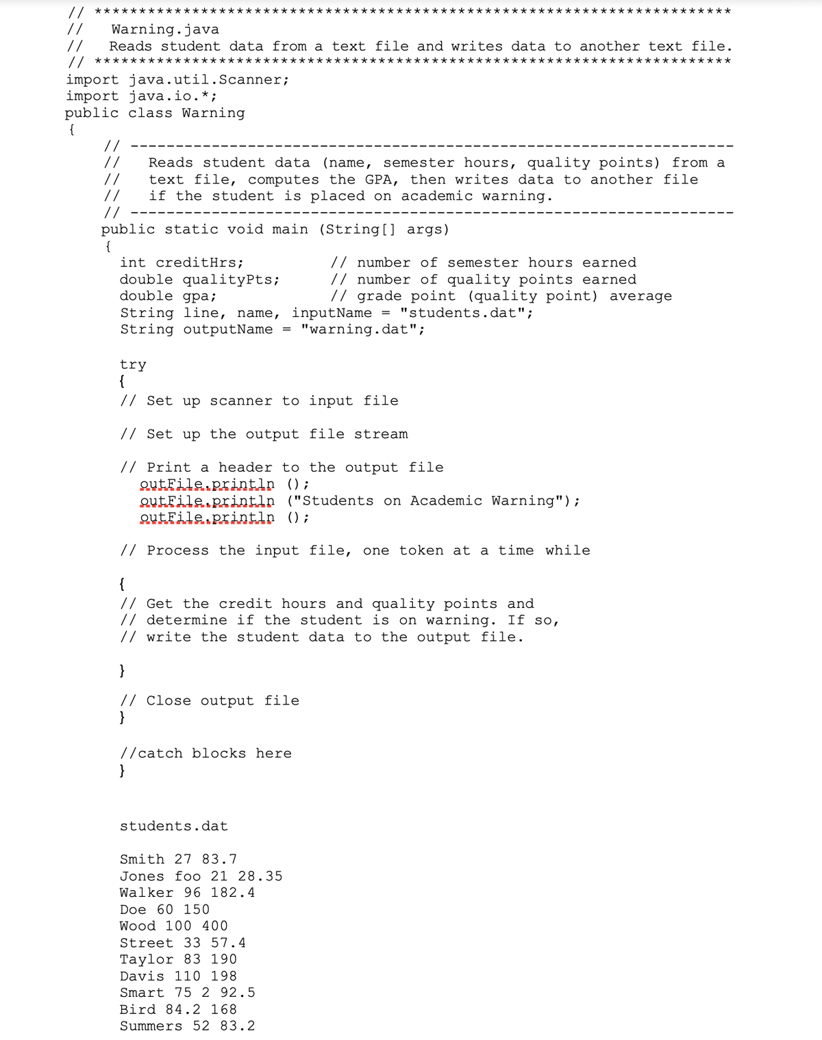 // ********* :
*****
//
//
Warning.java
Reads student data from a text file and writes data to another text file.
// ************************************************************************
import java.util.Scanner;
import java.io.*;
public class Warning
{
Reads student data (name, semester hours, quality points) from a
text file, computes the GPA, then writes data to another file
if the student is placed on academic warning.
public static void main (String[] args)
{
int creditHrs;
// number of semester hours earned
// number of quality poi
// grade point (quality point) average
double
cyPts;
earned
double gpa;
String line, name, inputName = "students.dat";
String outputName
"warning.dat";
try
{
// Set up scanner to input file
// Set up the output file stream
// Print a header to the output file
QutFila.printir ();
QutFile.printlr ("Students on Academic Warning");
QutFile.printin ();
// Process the input file,
one token at a time while
{
// Get the credit hours and quality points and
// determine if the student is on warning. If so,
// write the student data to the output file.
}
// Close output file
}
//catch blocks here
students.dat
Smith 27 83.7
Jones foo 21 28.35
Walker 96 182.4
Doe 60 150
Wood 100 400
Street 33 57.4
Тaylor 83 190
Davis 110 198
Smart 75 2 92.5
Bird 84.2 168
Summers 52 83.2
