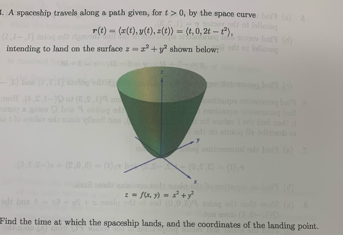 1. A spaceship travels along a path given, for t > 0, by the space curve bail (a) a
r(t) = (x(t), y(t), z(t)) = (t, 0, 2t – t²),
Drs Toloev bail (d)
intending to land on the surface z = x2 + y? shown below: odt o lellereg
18-0-
8) bas (,L) antog adi da
roitanpe odentenaq bai
anoitaupe oidemnq bal
10l 2oulsv i od bni nedi
od no alnioq lle odimeab oi
aa lo aoulev sdt sisde yllenfR bas
y
niog noitoseneini odt bail (6)
(0.S.S-)e+ (S,0.8) = (0)r h (0,88)= (3)
z = f(x, y) = x² + y²
edt bne & s0++ emalq edt ai eoil (0,0,8)9 Jaiog edi ta wole () 8
.dom eaob (S-
Find the time at which the spaceship lands, and the coordinates of the landing point.
