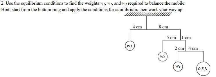 2. Use the equilibrium conditions to find the weights w1, w2, and w; required to balance the mobile.
Hint: start from the bottom rung and apply the conditions for equilibrium, then work your way up.
4 cm
8 cm
5 cm 1 cm
W3
2 cm 4 cm
w2
W1
0.5 N
