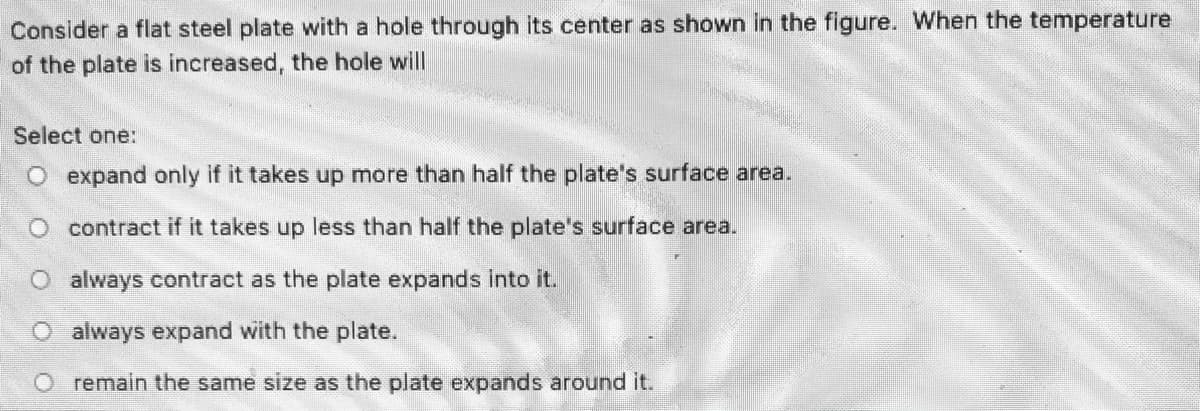 Consider a flat steel plate with a hole through its center as shown in the figure. When the temperature
of the plate is increased, the hole will
Select one:
O expand only if it takes up more than half the plate's surface area.
O contract if it takes up less than half the plate's surface area.
always contract as the plate expands Into it.
O always expand with the plate.
O remain the same size as the plate expands around it.
