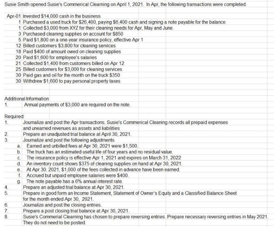 Susie Smith opened Susie's Commerical Clearning on April 1, 2021. In Apr, the following transactions were completed.
Apr-01 Invested $14,000 cash in the business
1 Purchased a used truck for $26,400, paying S6,400 cash and signing a note payable for the balance
1 Collected $3,000 from XYZ for their cleaning needs for Apr, May and June.
3 Purchased cleaning supplies on account for $850
5 Paid $1,800 on a one-year insurance policy, effective Apr 1
12 Billed customers $3,800 for cleaning services
18 Paid $400 of amount owed on cleaning supplies
20 Paid $1,600 for employee's salaries
21 Collected $1,400 from customers billed on Apr 12
25 Billed customers for $3,000 for cleaning services
30 Paid gas and oil for the month on the truck $350
30 Withdrew $1,600 to pay personal property taxes
Additional Information:
1.
Annual payments of $3,000 are required on the note.
Required:
1.
Journalize and post the Apr transactions. Susie's Commerical Cleaning records all prepaid expenses
and unearned revenues as assets and liabilities
2.
Prepare an unadjusted trial balance at April 30, 2021.
Journalize and post the following adjustments
a. Earned and unbilled fees at Apr 30, 2021 were $1,500.
b. The truck has an estimated useful life of four years and no residual value.
C. The insurance policy is effective Apr 1, 2021 and expires on March 31, 2022
d. An inventory count shows $375 of cleaning supplies on hand at Apr 30, 2021.
e. At Apr 30. 2021, $1,000 of the fees collected in advance have been earned.
f. Accrued but unpaid employee salaries were $400.
g. The note payable has a 6% annual interest rate.
Prepare an adjusted trial balance at Apr 30, 2021.
Prepare in good form an Income Statement, Statement of Owner's Equity and a Classified Balance Sheet
for the month ended Apr 30, 2021.
Journalize and post the closing entries.
Prepare a post closing trial balance at Apr 30, 2021.
Susie's Commerial Clearning has chosen to prepare reversing entries. Prepare necessary reversing entries in May 2021.
They do not need to be posted.
3.
4.
45.
678
