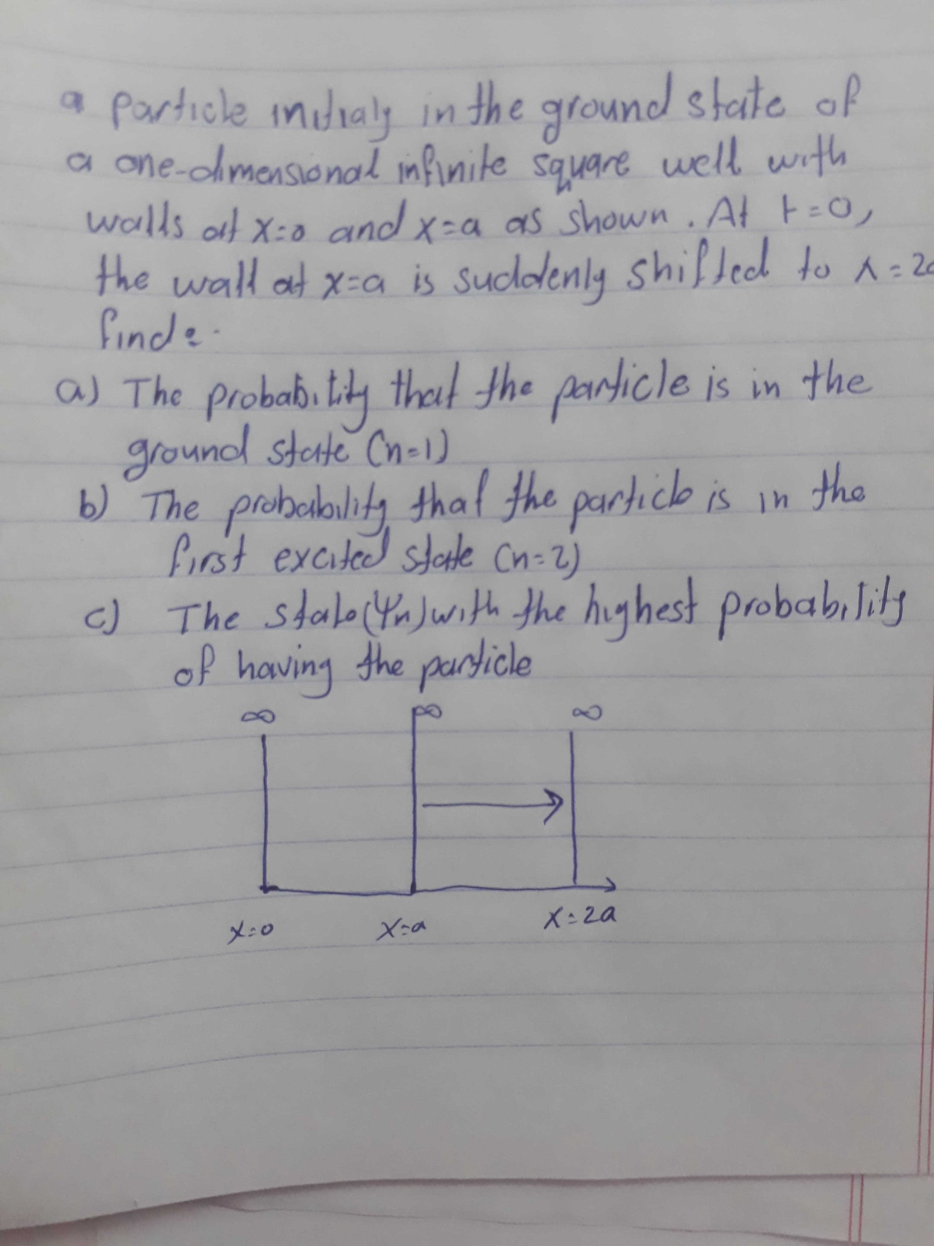 The probabi tiy theut the particle is in the
nd state Cn-1)
gro
The probak
first excited stete Cn=2)
0 The stale YnJwith the highest probability
of having the particle
ility partick is n
that the
the
