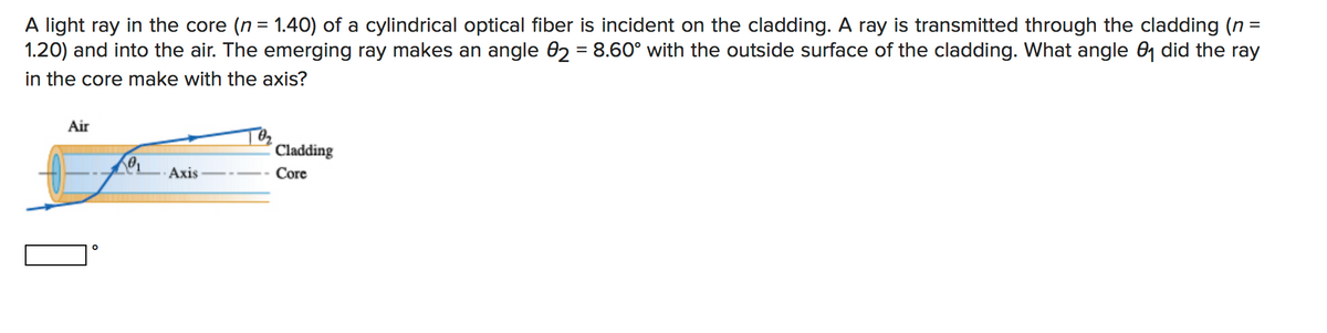 A light ray in the core (n = 1.40) of a cylindrical optical fiber is incident on the cladding. A ray is transmitted through the cladding (n
1.20) and into the air. The emerging ray makes an angle 02 = 8.60° with the outside surface of the cladding. What angle 0, did the ray
in the core make with the axis?
%3D
Air
Cladding
·Axis
Core
