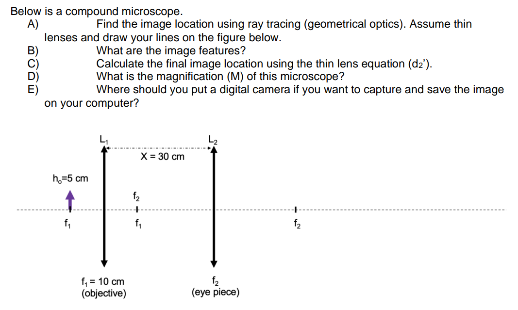 Below is a compound microscope.
A)
BODN
lenses and draw your lines on the figure below.
Find the image location using ray tracing (geometrical optics). Assume thin
h₂=5 cm
on your computer?
f₁
What are the image features?
Calculate the final image location using the thin lens equation (d₂').
What is the magnification (M) of this microscope?
Where should you put a digital camera if you want to capture and save the image
f₁ = 10 cm
(objective)
X = 30 cm
f₂
f₁
f₂
(eye piece)
f₂