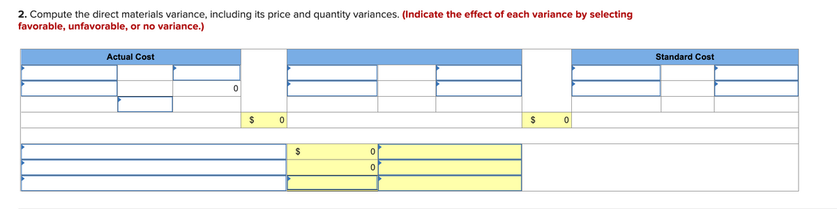 2. Compute the direct materials variance, including its price and quantity variances. (Indicate the effect of each variance by selecting
favorable, unfavorable, or no variance.)
Actual Cost
0
0
$
0
0
0
$
$
Standard Cost