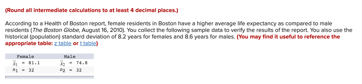 (Round all intermediate calculations to at least 4 decimal places.)
According to a Health of Boston report, female residents in Boston have a higher average life expectancy as compared to male
residents (The Boston Globe, August 16, 2010). You collect the following sample data to verify the results of the report. You also use the
historical (population) standard deviation of 8.2 years for females and 8.6 years for males. (You may find it useful to reference the
appropriate table: z table or t table)
Female
Male
81.1
74.8
=
X1
X2
n1
32
n2
32
