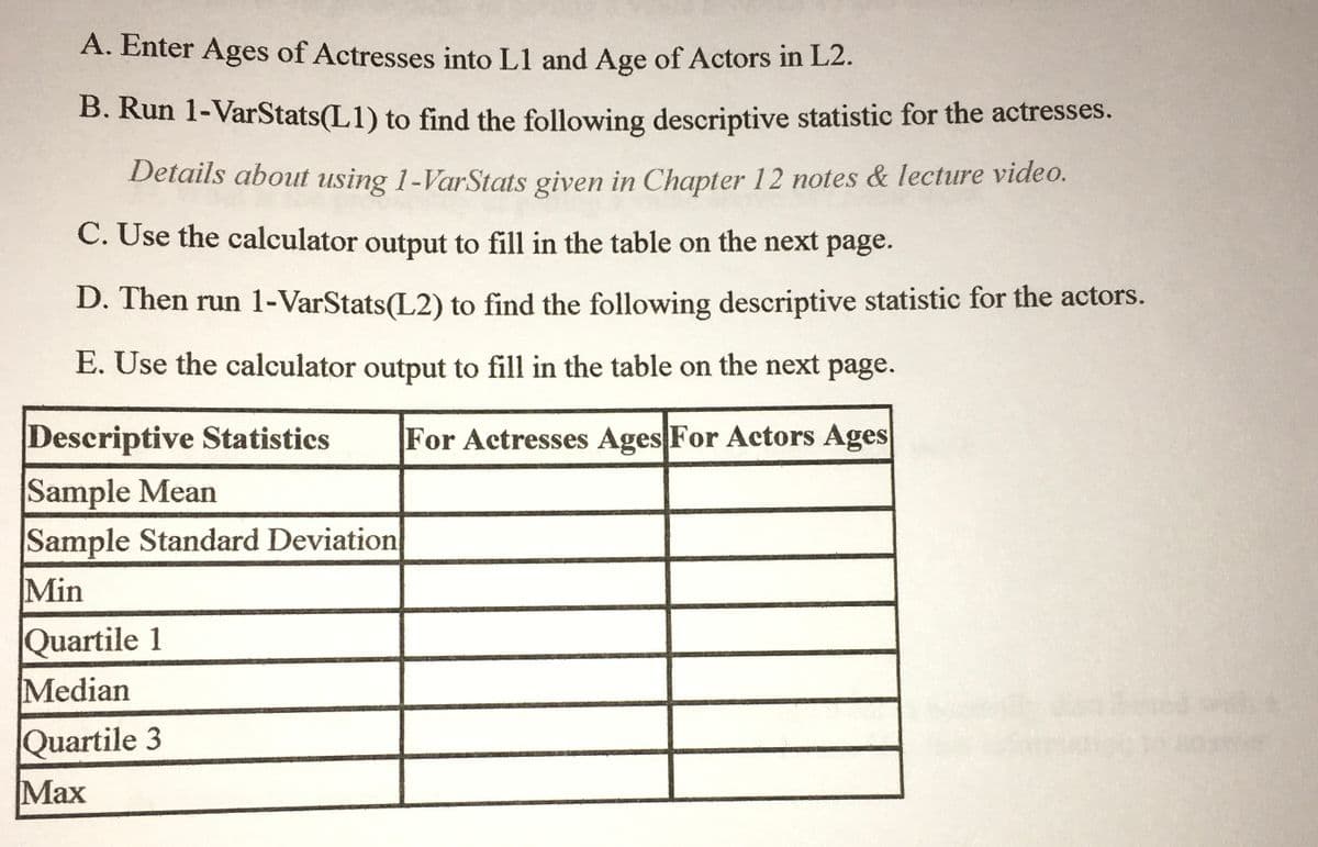 A. Enter Ages of Actresses into L1 and Age of Actors in L2.
B. Run 1-VarStats(L1) to find the following descriptive statistic for the actresses.
Details about using 1-VarStats given in Chapter 12 notes & lecture video.
C. Use the calculator output to fill in the table on the next page.
D. Then run 1-VarStats(L2) to find the following descriptive statistic for the actors.
E. Use the calculator output to fill in the table on the next page.
Descriptive Statistics
For Actresses Ages For Actors Ages
Sample Mean
Sample Standard Deviation
Min
Quartile 1
Median
Quartile 3
Max
