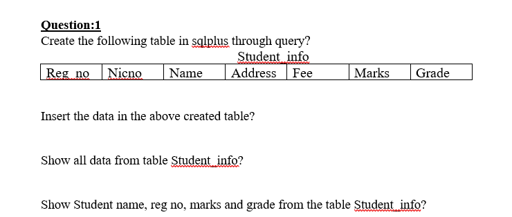 Question:1
Create the following table in sqlplus through query?
Student info
Address
Reg no Nicno
Name
Fee
Marks
Grade
Insert the data in the above created table?
Show all data from table Student info?
Show Student name, reg no, marks and grade from the table Student info?
www
