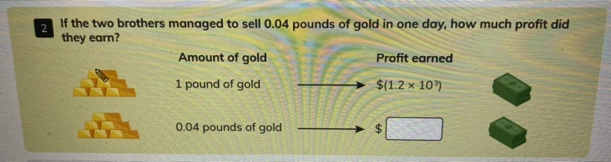 If the two brothers managed to sell 0.04 pounds of gold in one day, how much profit did
they earn?
Amount of gold
Profit earned
1 pound of gold
$(1.2 x 10)
0.04 pounds of gold
→ $
