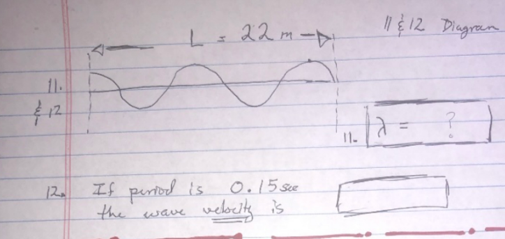 L=22 m-
| 12 Diagrea
1.
2
11.
12.
If pertod is
0.15 sce
the wave vebeit is
