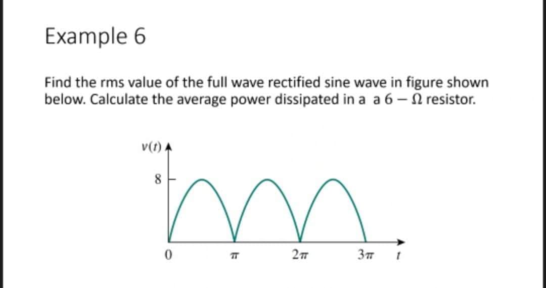 Example 6
Find the rms value of the full wave rectified sine wave in figure shown
below. Calculate the average power dissipated in a a 6 - resistor.
v(t)
8
TT
2 T
3π
0