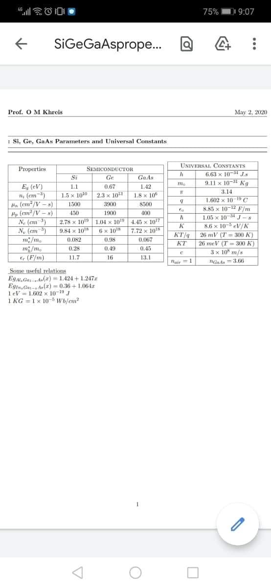 ll会O0
75% 9:07
4G
SiGeGaAsprope.
Prof. O M Khrois
May 2, 2020
: Si, Ge, GaAs Parameters and Universal Constants
UNIVERSAL, CONSTANTS
6.63 x 10-4 J
9.11 x 10-31 Kg
Propertics
SEMICONDUCTOR
Si
Ge
GaAs
E, (eV)
n, (cm-)
Hn (em" /V - s)
Hy (em/V - s)
N, (em )
N, (em 3)
m/m.
1.1
0.67
1.42
3.14
1.5 x 1010 2.3 x 10
1.8 x 10"
1.602 x 10-10 C
8.85 x 10-12 F/m
1.05 x 104 J -
8.6 x 10-5 eV/K
26 mV (T = 300 K)
1500
3900
8500
450
1900
400
2.78 x 1019 1.04 x 1019 4.45 x 107
7.72 x 1015
9.84 x 1018
6x 1018
KT/4
0.082
0.98
0.067
KT
26 meV (T = 300 K)
m/m.
G (F/m)
0.28
0,49
0.45
3 x 10 m/s
11.7
16
13.1
Hair =!
GaAs =3.66
Some useful relations
EgAL, GaA(r) = 1.424 + 1.247..
Egn.Ga-1A(ar) = (0.36 + 1.064r
1eV = 1.602 x 10-19 1
1 KG = 1 x 10- wb/cm
1
