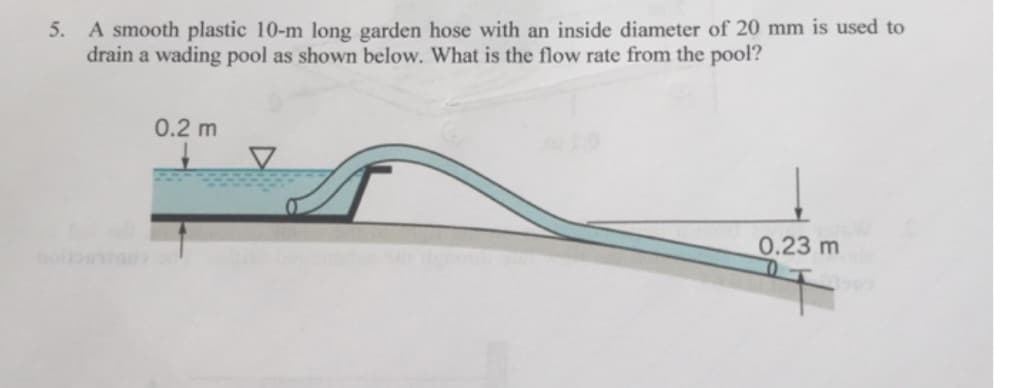 5. A smooth plastic 10-m long garden hose with an inside diameter of 20 mm is used to
drain a wading pool as shown below. What is the flow rate from the pool?
0.2 m
▼
0.23 m
