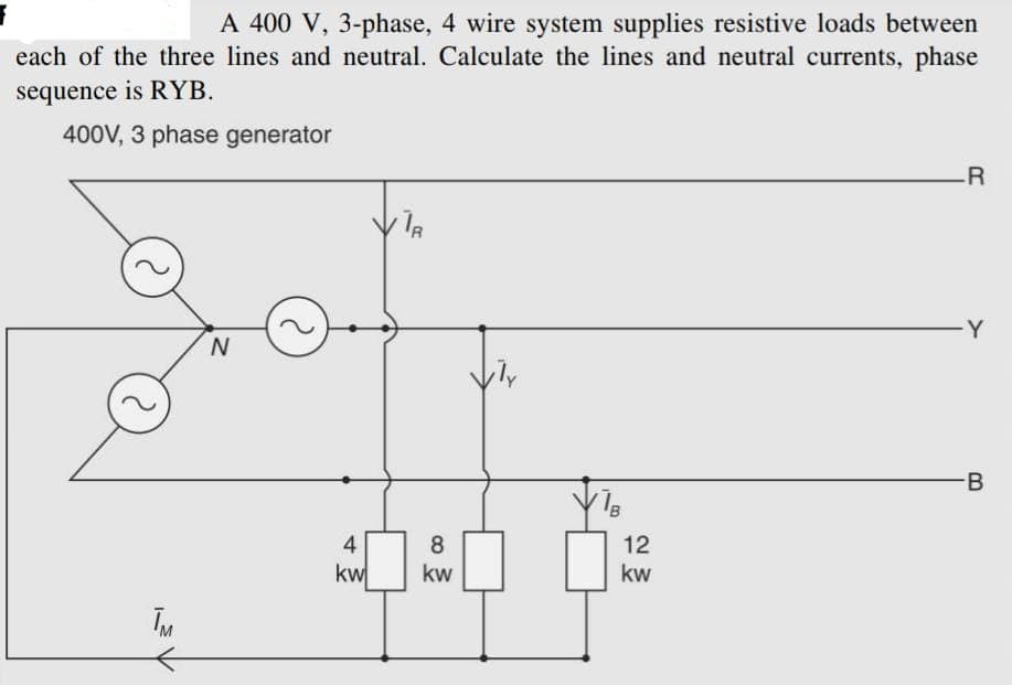 A 400 V, 3-phase, 4 wire system supplies resistive loads between
each of the three lines and neutral. Calculate the lines and neutral currents, phase
sequence is RYB.
400V, 3 phase generator
TM
N
2
1₁
4
8
0:0
kw
kw
B
12
kw
R
Y
B