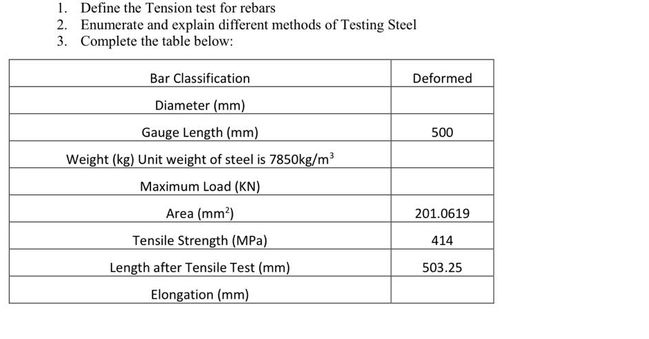 1. Define the Tension test for rebars
2. Enumerate and explain different methods of Testing Steel
3. Complete the table below:
Bar Classification
Diameter (mm)
Gauge Length (mm)
Weight (kg) Unit weight of steel is 7850kg/m³
Maximum Load (KN)
Area (mm²)
Tensile Strength (MPa)
Length after Tensile Test (mm)
Elongation (mm)
Deformed
500
201.0619
414
503.25