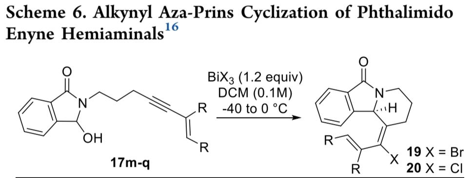 Scheme 6. Alkynyl Aza-Prins Cyclization of Phthalimido
Enyne Hemiaminals
16
OH
17m-q
BiX3 (1.2 equiv)
DCM (0.1M)
-40 to 0 °C
R
R
R
R
H
19 X = Br
20 X = CI