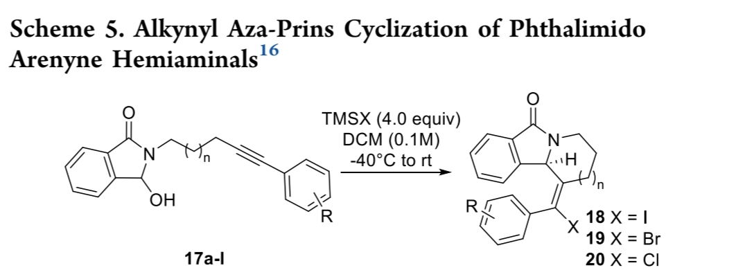 Scheme 5. Alkynyl Aza-Prins Cyclization of Phthalimido
Arenyne Hemiaminals¹
16
OH
17a-l
TMSX (4.0 equiv)
DCM (0.1M)
-40°C to rt
R
N
H
X
18 X=I
19 X = Br
20 X = CI