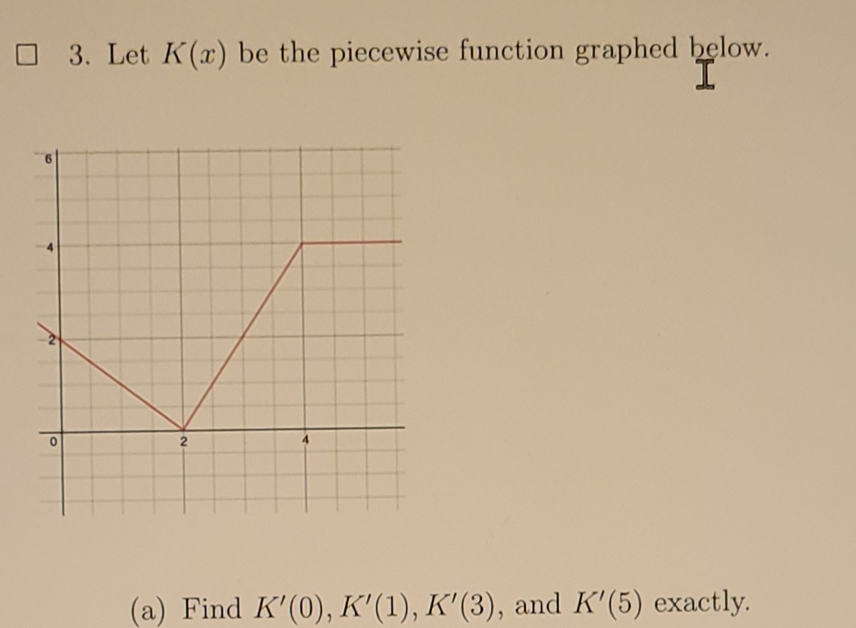O 3. Let K(x) be the piecewise function graphed below.
6.
(a) Find K'(0), K'(1), K'(3), and K'(5) exactly.
