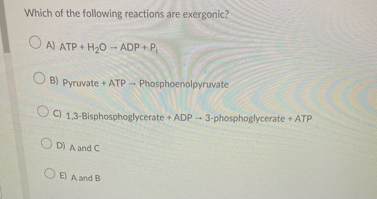 Which of the following reactions are exergonic?
OA) ATP + H₂O - ADP + P₁
B) Pyruvate + ATP Phosphoenolpyruvate
OC)
1,3-Bisphosphoglycerate + ADP → 3-phosphoglycerate + ATP
D) A and C
E) A and B