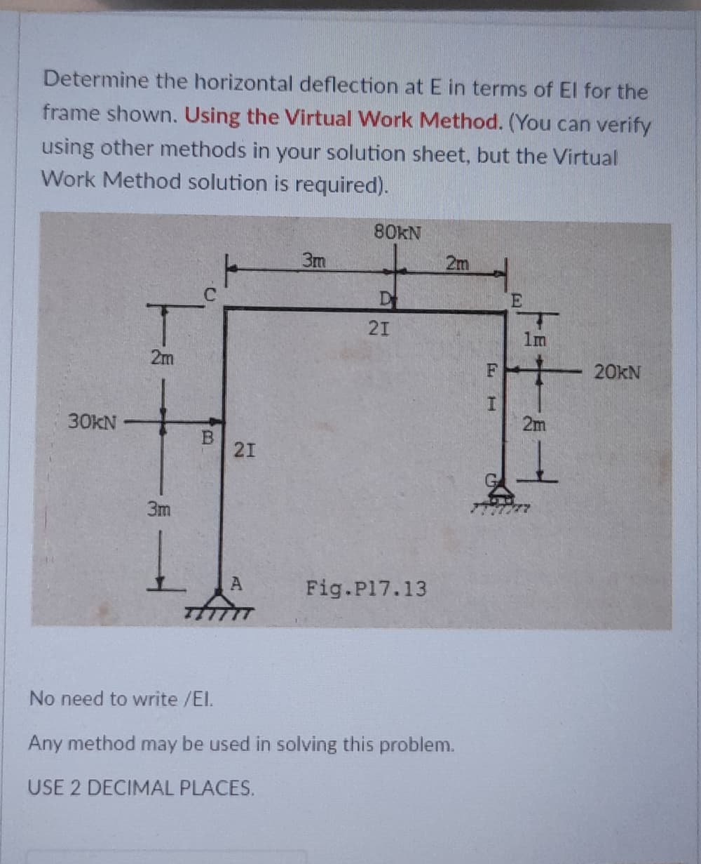 Determine the horizontal deflection at E in terms of El for the
frame shown. Using the Virtual Work Method. (You can verify
using other methods in your solution sheet, but the Virtual
Work Method solution is required).
80KN
3m
2m
E
21
1m
20KN
30KN
2m
21
3m
Fig.P17.13
No need to write /El.
Any method may be used in solving this problem.
USE 2 DECIMAL PLACES.
B.
