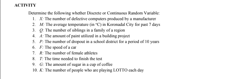 АСTIVITY
Determine the following whether Discrete or Continuous Random Variable:
1. X: The number of defective computers produced by a manufacturer
2. M: The average temperature (in °C) in Koronadal City for past 7 days
3. Q: The number of siblings in a family of a region
4. A: The amount of paint utilized in a building project
5. P: The number of dropout in a school district for a period of 10 years
6. F: The speed of a car
7. R: The number of female athletes
8. T: The time needed to finish the test
9. G: The amount of sugar in a cup of coffee
10. K: The number of people who are playing LOTTO each day
