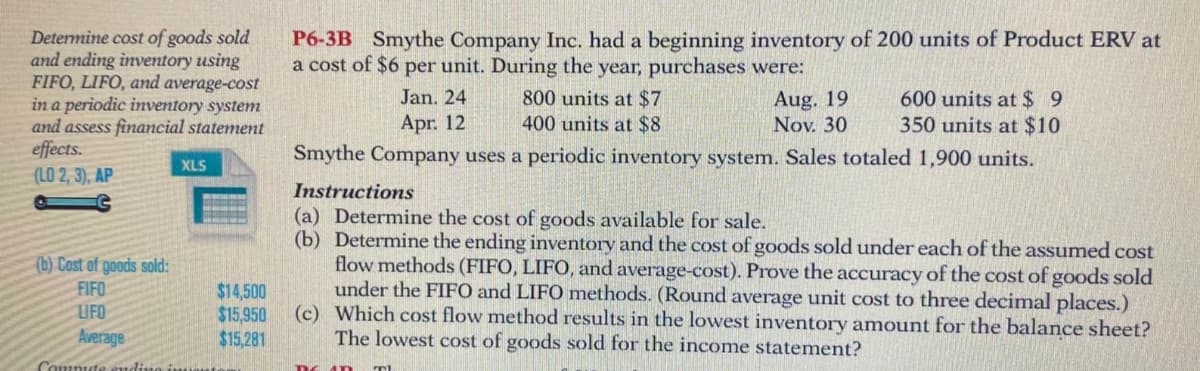 Determine cost of goods sold
and ending inventory using
FIFO, LIFO, and average-cost
in a periodic inventory system
and assess financial statement
effects.
(LO 2, 3), AP
P6-3B Smythe Company Inc. had a beginning inventory of 200 units of Product ERV at
a cost of $6 per unit. During the year, purchases were:
800 units at $7
400 units at $8
Aug. 19
Nov. 30
600 units at $ 9
350 units at $10
Jan. 24
Apr. 12
Smythe Company uses a periodic inventory system. Sales totaled 1,900 units.
XLS
Instructions
(a) Determine the cost of goods available for sale.
(b) Determine the ending inventory and the cost of goods sold under each of the assumed cost
flow methods (FIFO, LIFO, and average-cost). Prove the accuracy of the cost of goods sold
under the FIFO and LIFO methods. (Round average unit cost to three decimal places.)
(c) Which cost flow method results in the lowest inventory amount for the balance sheet?
The lowest cost of goods sold for the income statement?
(b) Cost of goods sold:
FIFO
LIFO
Average
$14,500
$15,950
$15,281
Compute eudis
