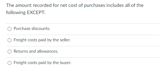 The amount recorded for net cost of purchases includes all of the
following EXCEPT:
Purchase discounts.
Freight costs paid by the seller.
Returns and allowances.
Freight costs paid by the buyer.