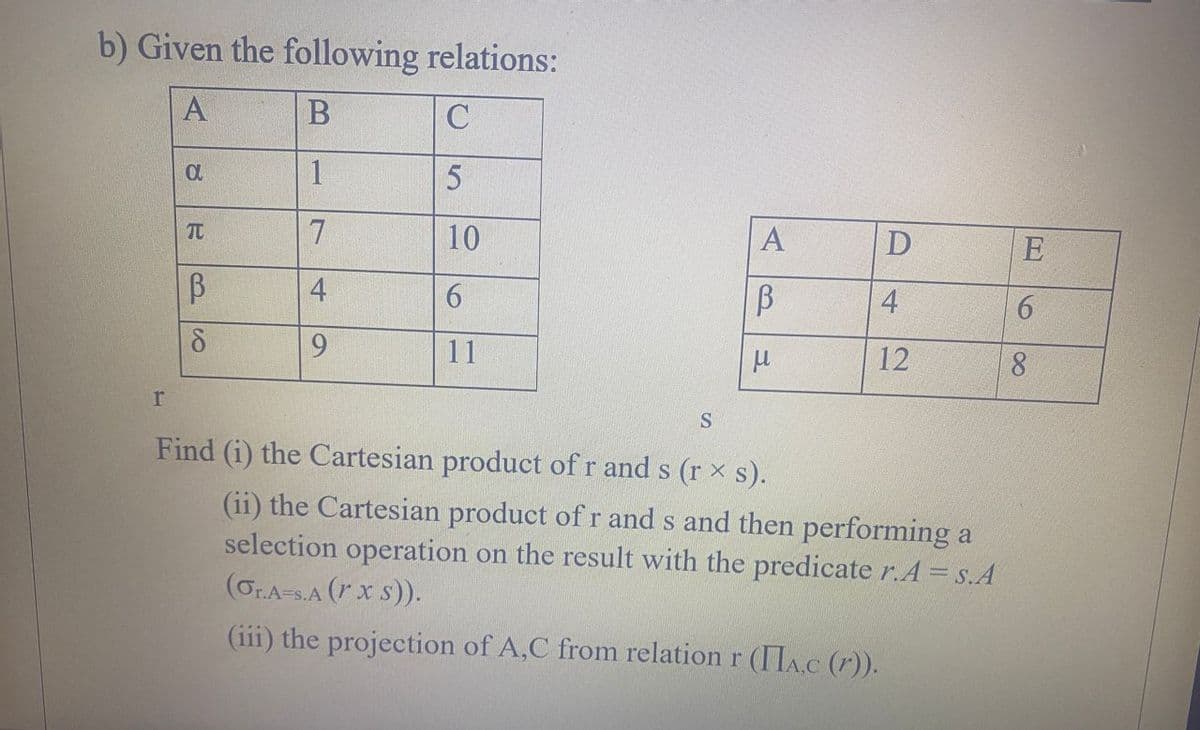 b) Given the following relations:
A
B
C
1
5
7
4
9
r
a
TU
В
8
10
6
11
S
A
В
μ
D
4
12
Find (i) the Cartesian product of r and s (rx s).
(ii) the Cartesian product of r and s and then performing a
selection operation on the result with the predicate r.A = s.A
(Or.A-s.A (r x S)).
(iii) the projection of A,C from relation r (IIA.c (r)).
E
6
8