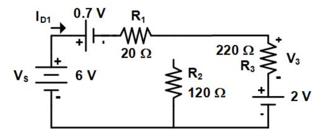 0.7 V
R,
20 2
220 2
V3
R3
Vs
6 V
R2
120 2
2 V
