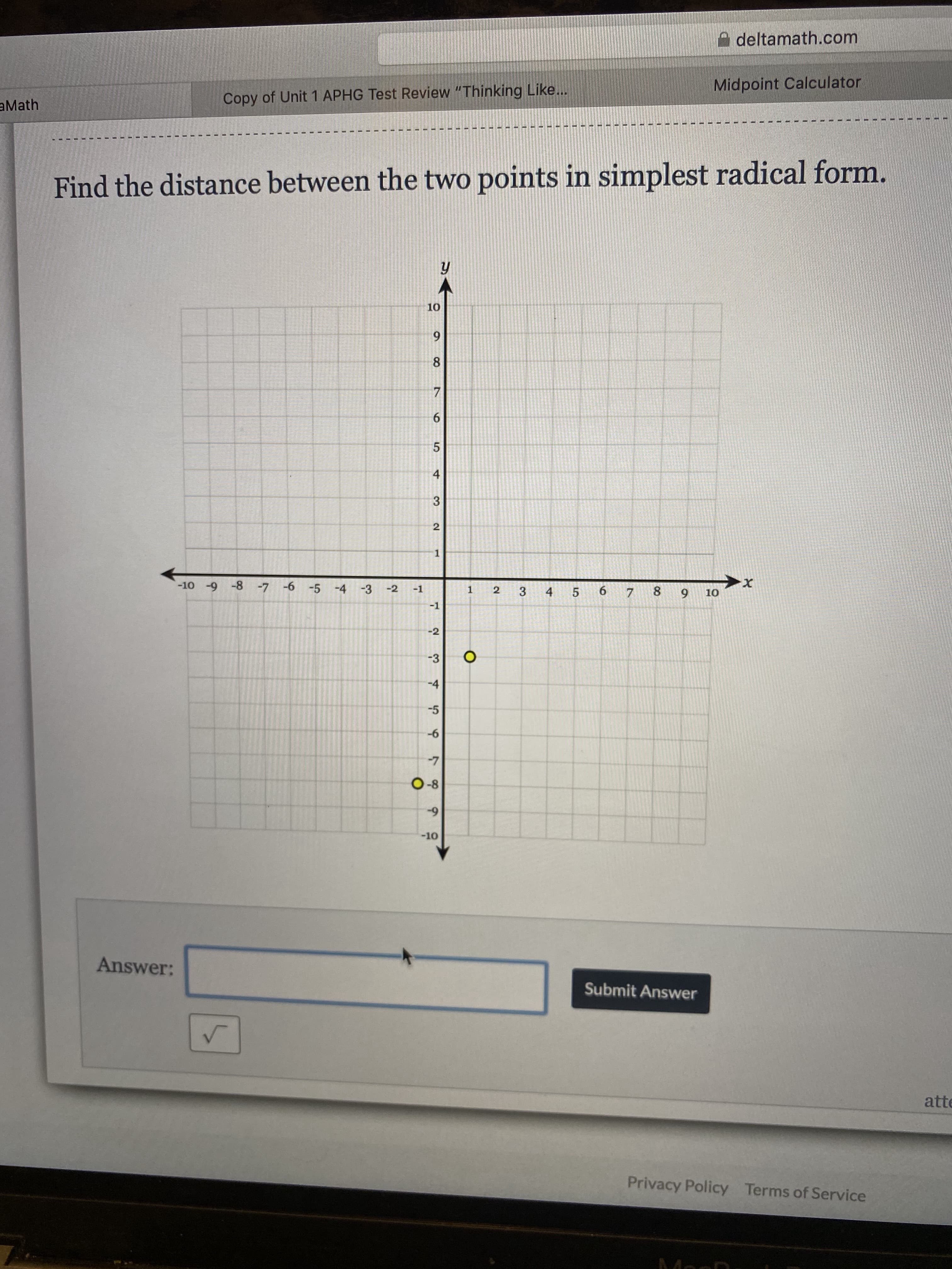 Find the distance between the two points in simplest radical form.
