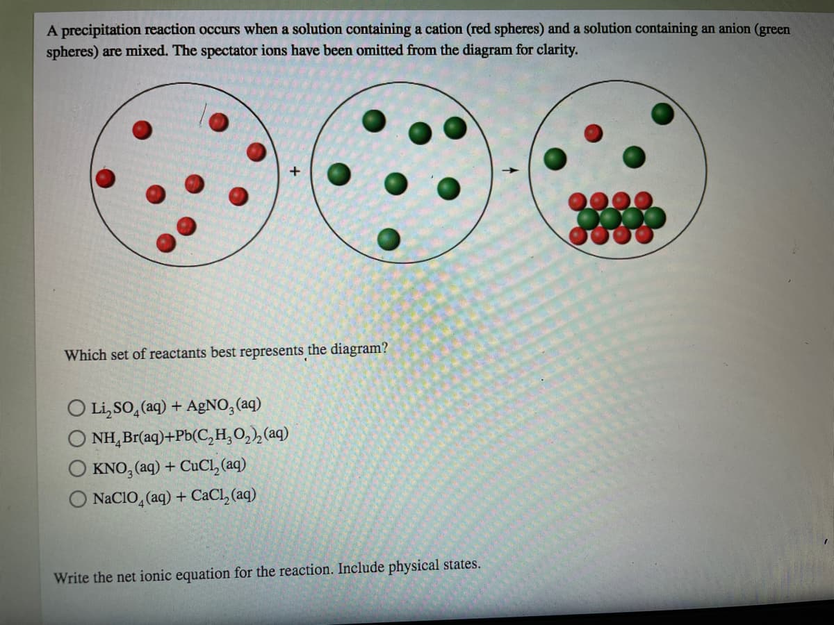 A precipitation reaction occurs when a solution containing a cation (red spheres) and a solution containing an anion (green
spheres) are mixed. The spectator ions have been omitted from the diagram for clarity.
Which set of reactants best represents the diagram?
O Li, so, (aq) + AgNO,(aq)
NH, Br(aq)+Pb(C,H,O,), (aq)
KNO, (aq) + CuCl, (aq)
NaCIO, (aq) + CaCI, (aq)
Write the net ionic equation for the reaction. Include physical states.
